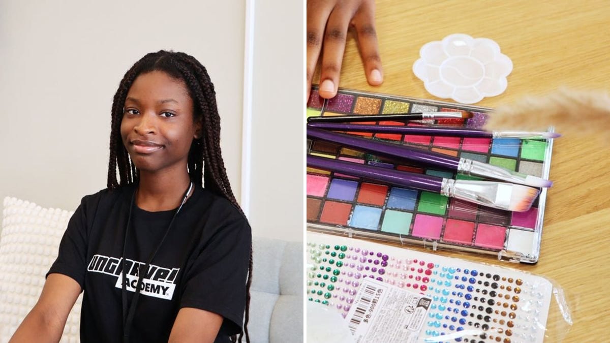 Teniola Elehinle i UngDrive Academy-tröja bredvid material för ansiktsmålning